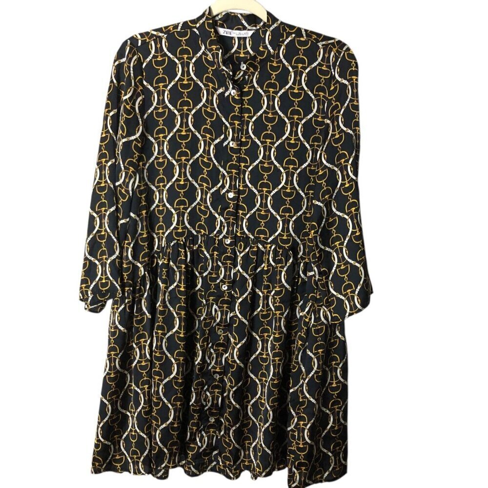 ZARA Equestrian Drop Waist Dress Top Women's size S Black Gold Horse Bit NEW - Picture 2 of 11